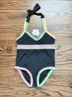 NWT PQ Swim Girls Halter One-Piece Swimsuit with Neon Trim - size 12